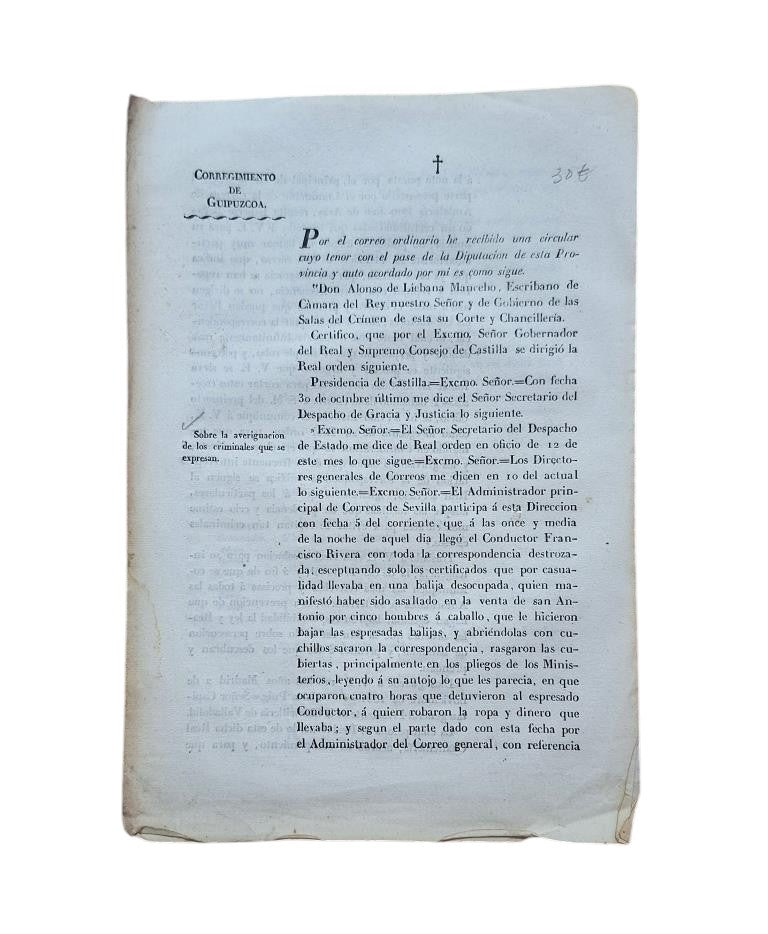 CORREGIMIENTO DE GUIPUZCOA. SOBRE LA AVERIGUACION DE LOS CRIMINALES QUE SE EXPRESAN (1831)