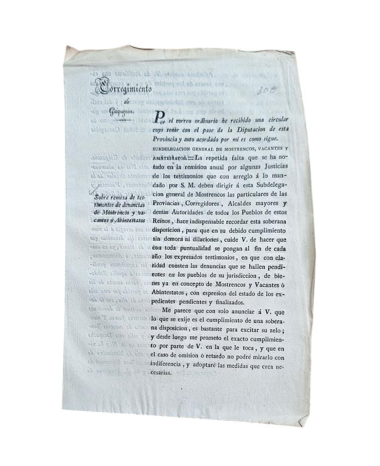 CORREGIMIENTO DE GUIPUZCOA. SOBRE REMESA DE TESTIMONIOS DE DENUNCIAS DE MOSTRENCOS Y VACANTES O ABINTESTATOS (1831)