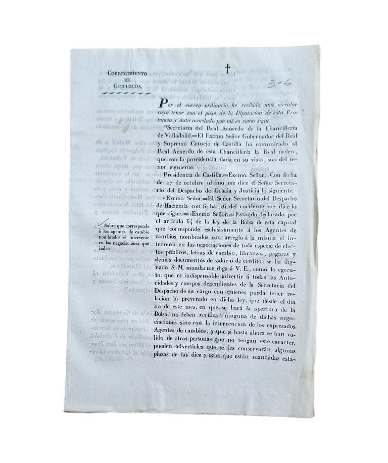 CORREGIMIENTO DE GUIPUZCOA. SOBRE QUE CORRESPONDE A LOS AGENTES DE CAMBIO NOMBRADOS EL INTERVENIR EN LAS NEGACIONES QUE INDICA (1831)