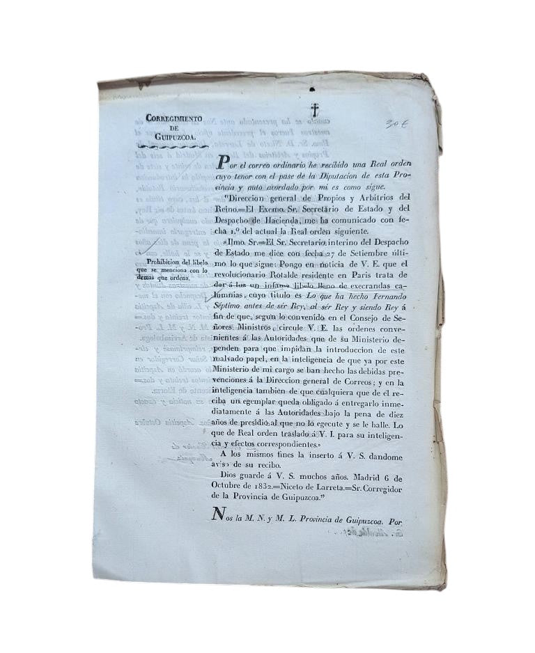 CORREGIMIENTO DE GUIPUZCOA. PROHIBICIÓN DEL LIBELO QUE SE MENCIONA CON LO DEMAS QUE ORDENA (1832)