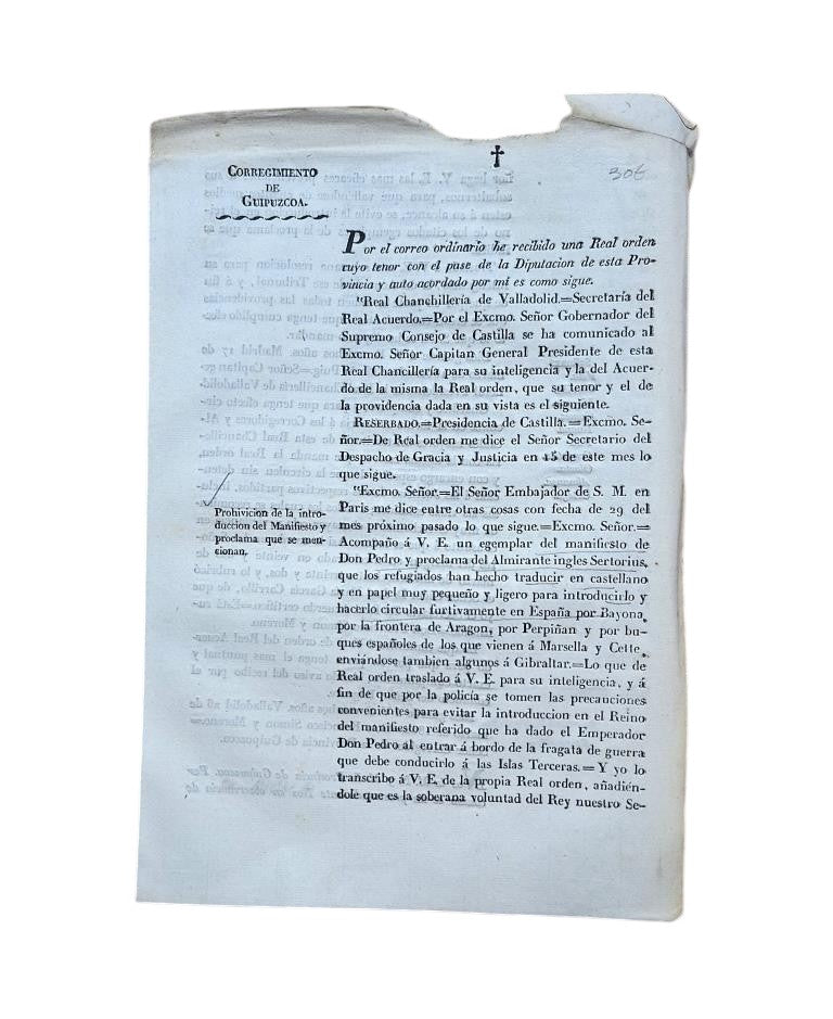 CORREGIMIENTO DE GUIPUZCOA. PROHIBICIÓN DE LA INTRODUCCIÓN DEL MANIFIESTO Y PROCLAMA QUE SE MENCIONAN (1832)