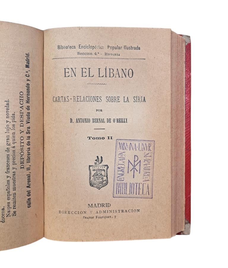 Bernal de O'Reilly, A.- EN EL LÍBANO. CARTAS - RELACIONES SOBRE LA SIRIA I - II
