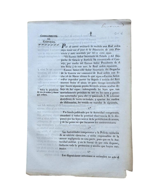 GUIPUZCOA DISTRICT. ON THE PROHIBITION OF THE USE OF WEAPONS AND OTHER MATTERS THAT ARE ORDERED (1833)