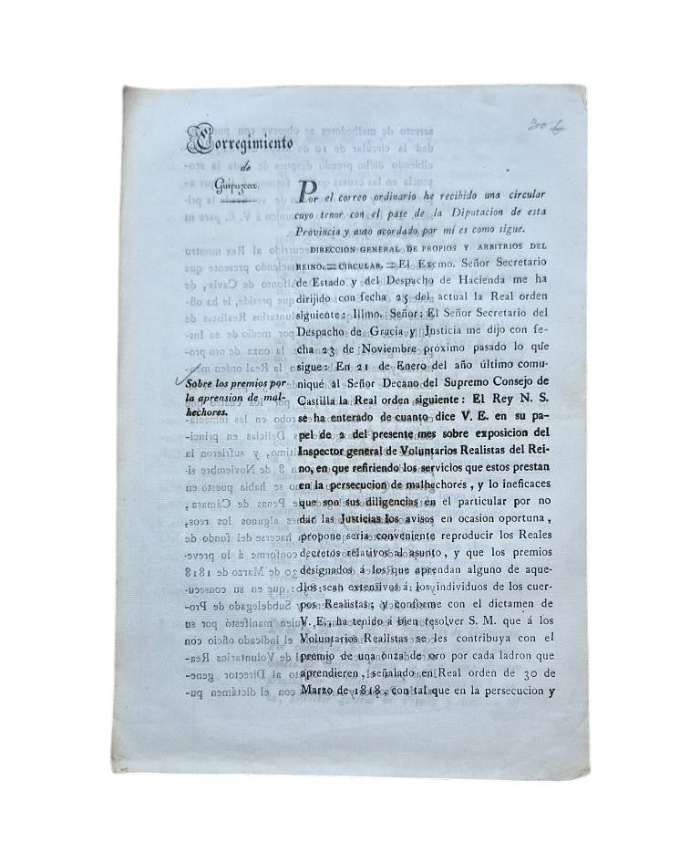 GUIPUZCOA DISTRICT. ON THE REWARDS FOR THE APPREHENSION OF CRIMINALS (1832)