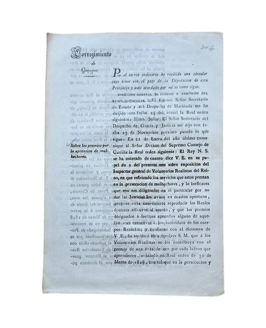 GUIPUZCOA DISTRICT. ON THE REWARDS FOR THE APPREHENSION OF CRIMINALS (1832)