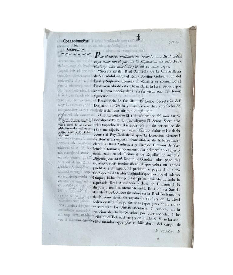GUIPUZCOA CORREGIMIENTO. THAT KNOWLEDGE OF MATTERS OF THE BRANCHES OF THE TOILET AND NINTH CORRESPONDS TO THE ECCLESIASTICALS (1832)