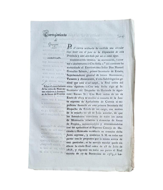 CORREGIMIENTO DE GUIPUZCOA. SOBRE EL CONOCIMIENTO DE LOS AUTOS DE MOSTRENCOS RELATIVOS A DENUNCIAS DE FINCAS DE PROPIOS (1832)