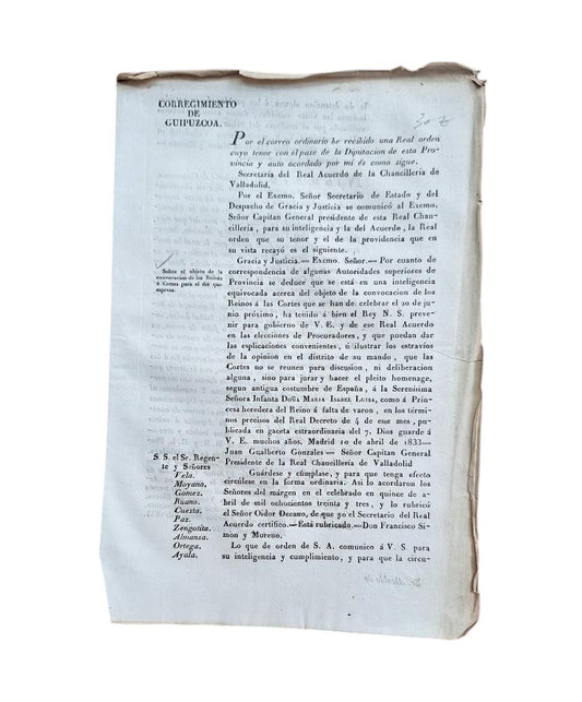 CORREGIMIENTO DE GUIPUZCOA. SOBRE EL OBJETO DE LA CONVOCACION DE LOS REINOS A CORTES PARA EL DIA QUE ESPRESA (1833)