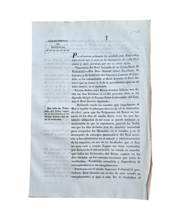CORREGIMIENTO DE GUIPUZCOA. QUE TODOS LOS TRIBUNALES DEL REINO VAQUEN EN LOS DIAS FERIADOS (1832)