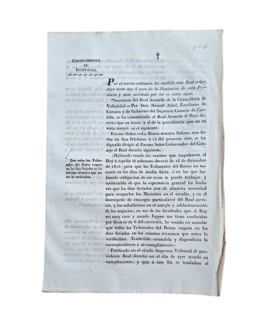 CORREGIMIENTO DE GUIPUZCOA. QUE TODOS LOS TRIBUNALES DEL REINO VAQUEN EN LOS DIAS FERIADOS (1832)