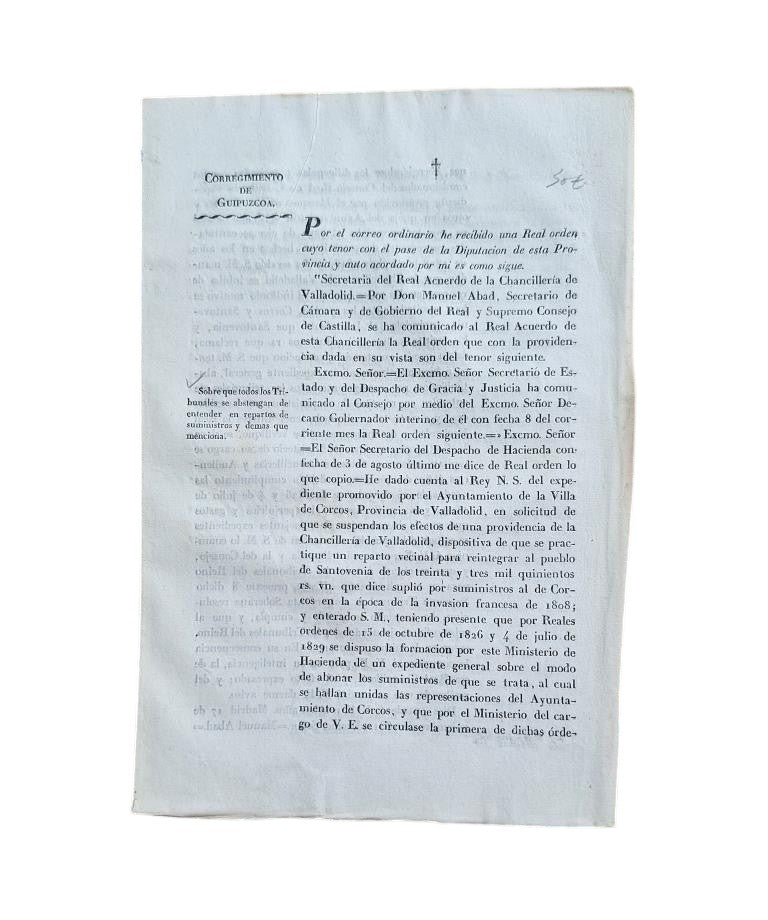 GUIPUZCOA DISTRICT. ON ALL COURTS REFRAINING FROM DEALING WITH DISTRIBUTIONS OF SUPPLIES AND OTHER MATTERS MENTIONED (1831)