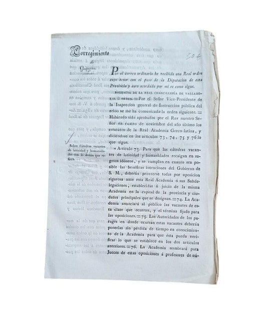 CORREGIMIENTO DE GUIPUZCOA. SOBRE CÁTEDRAS VACANTES DE LATINIDAD Y HUMANIDADES CON LO DEMÁS QUE REFIERE (1832)