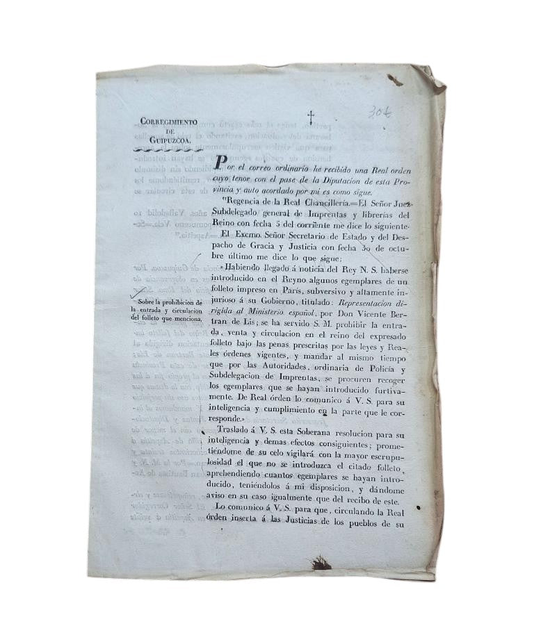 CORREGIMIENTO DE GUIPUZCOA. SOBRE LA PROHIBICIÓN DE LA ENTRADA Y CIRCULACIÓN DEL FOLLETO QUE MENCIONA (1831)