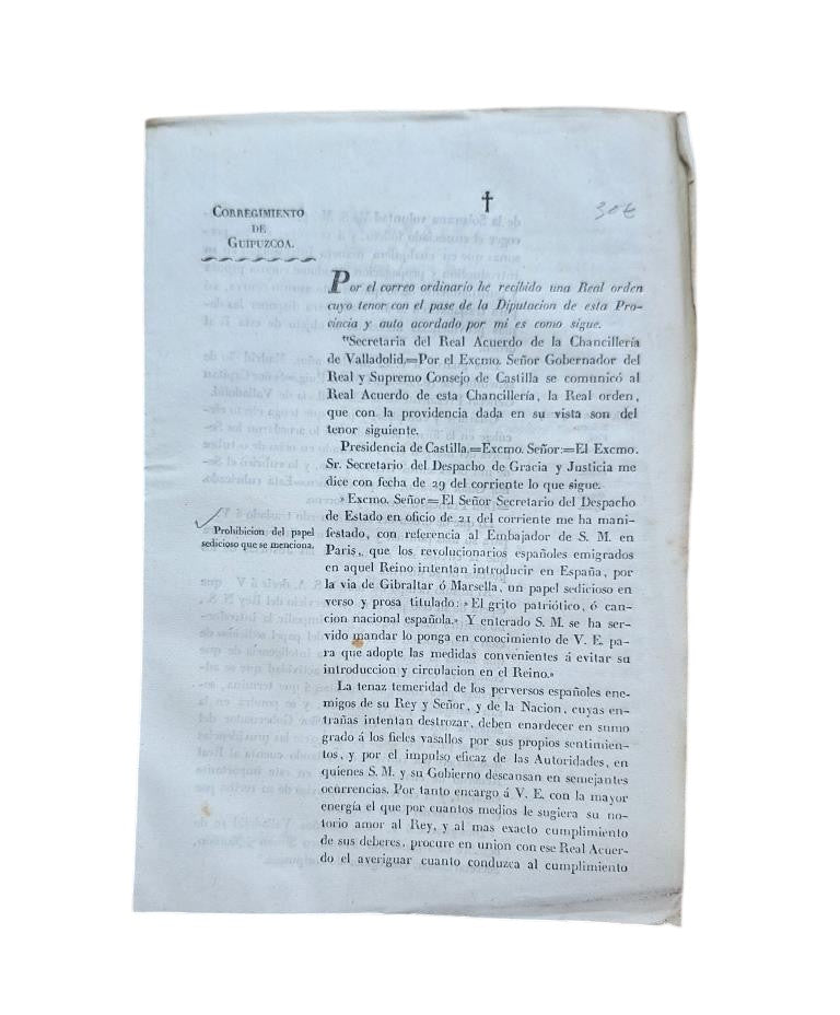 GUIPUZCOA DISTRICT. PROHIBITION OF THE SEDITORY PAPER MENTIONED (1832)