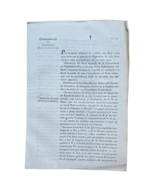 CORREGIMIENTO DE GUIPUZCOA. PROHIBICIÓN DEL PAPEL SEDICIOSO QUE SE MENCIONA (1832)