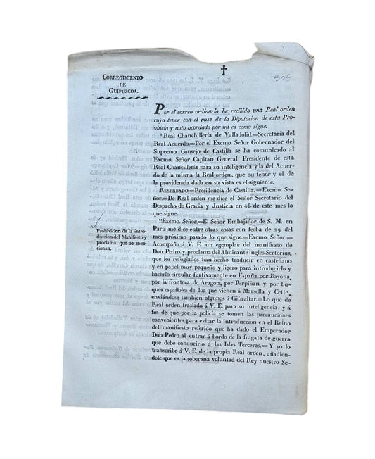 GUIPUZCOA DISTRICT. PROHIBITION OF THE INTRODUCTION OF THE MANIFESTO AND PROCLAMATION MENTIONED (1832)