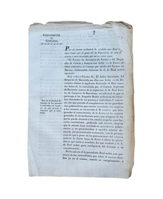 CORREGIMIENTO DE GUIPUZCOA. QUE NO SE ADMITAN DEMANDAS DE LOS GREMIOS E INDIVIDUOS DE COMERCIO (1832)