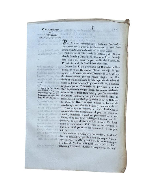 CORREGIMIENTO DE GUIPUZCOA. QUE A LA CAJA DE AMORTIZACIÓN SE LA GUARDE EL PRIVILEGIO Y ACCION REAL HIPOTECARIA DE QUE DISFRUTA EL REAL TESORO (1833)