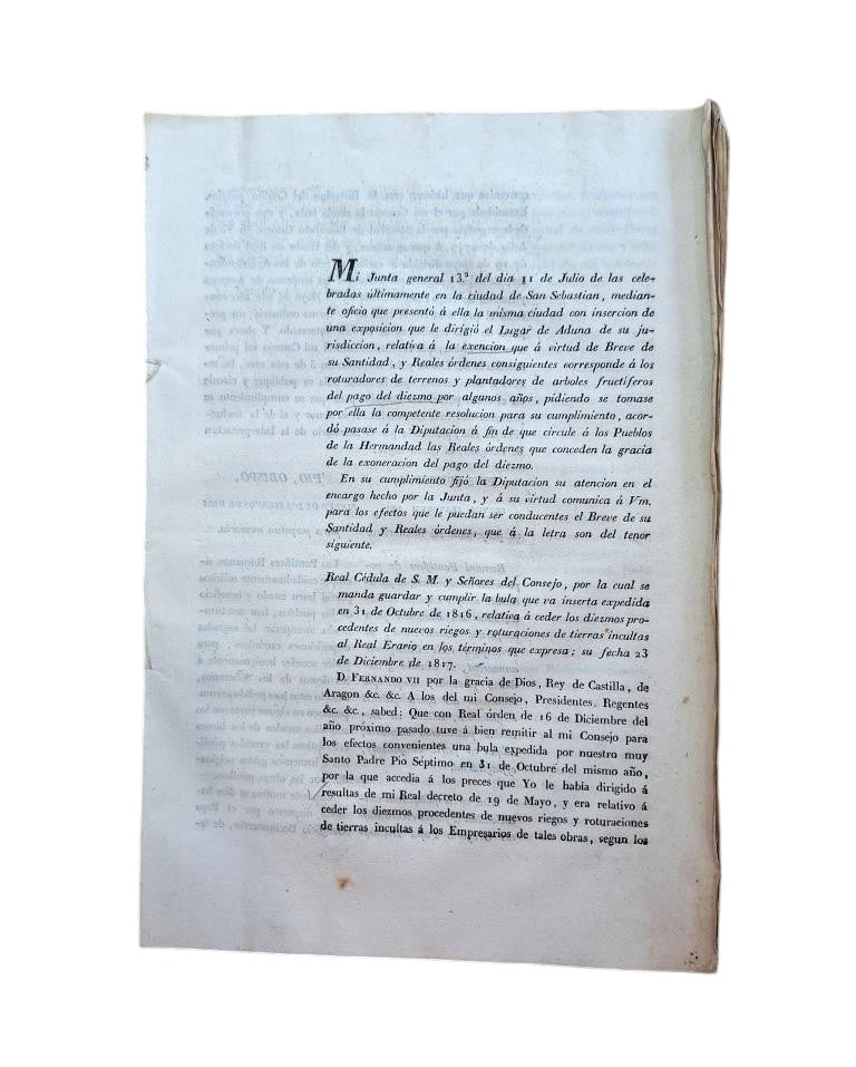 GUIPUZCOA DISTRICT. EXEMPTION FROM THE PAYMENT OF THE TITHE FOR LAND CULTIVATORS AND PLANTERS OF FRUIT TREES