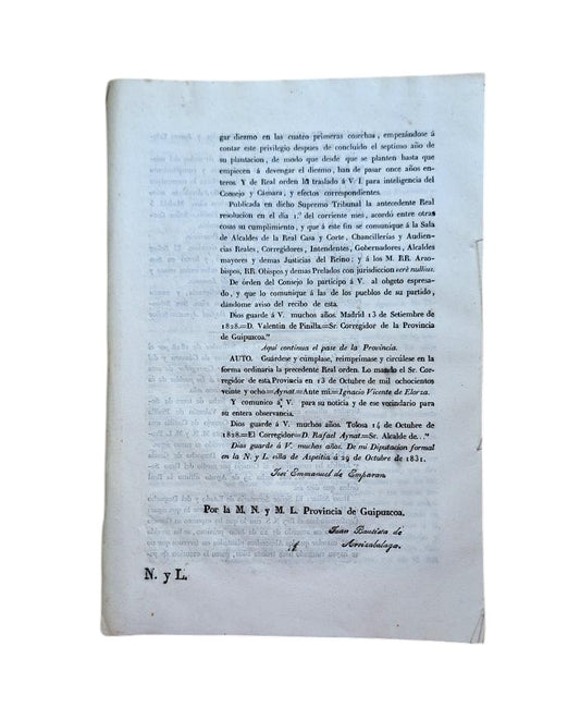 GUIPUZCOA DISTRICT. EXEMPTION FROM THE PAYMENT OF THE TITHE FOR LAND CULTIVATORS AND PLANTERS OF FRUIT TREES