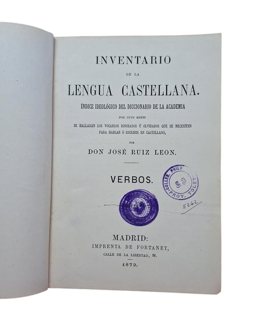 Ruiz León, José.- INVENTARIO DE LA LENGUA CASTELLANA. VERBOS.
