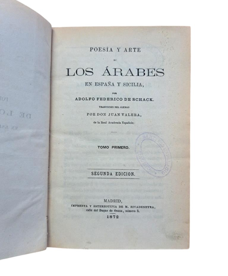 Schack, Adolfo F.- POESÍA Y ARTE DE LOS ÁRABES EN ESPAÑA Y SICILIA. 3 TOMOS EN 1 VOL.