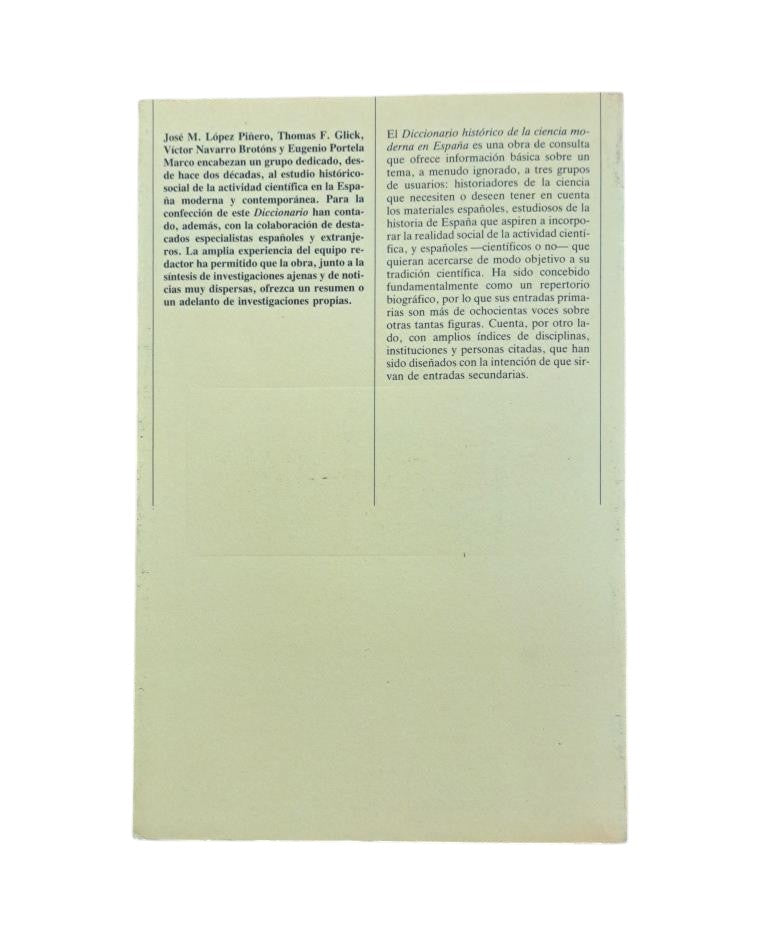 López Piñero, José M &amp; Glick, Thomas &amp; Navarro Brotóns, Víctor &amp; Portela Marco, Eugenio.- DICTIONNAIRE HISTORIQUE DE LA SCIENCE MODERNE EN ESPAGNE