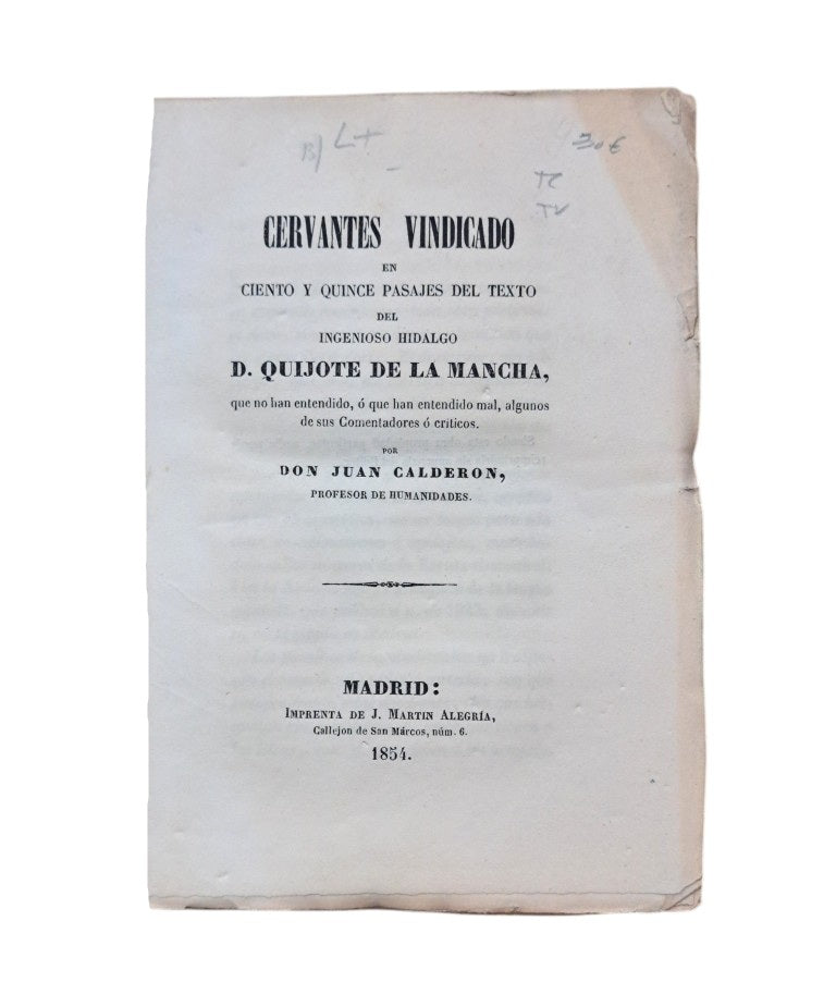 Calderón, Juan.- CERVANTES VINDICADO