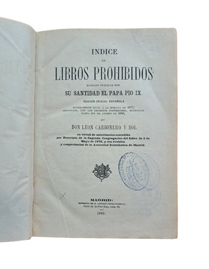 ÍNDICE DE LIBROS PROHIBIDOS MANDADO PUBLICAR POR SU SANTIDAD EL PAPA PIO IX