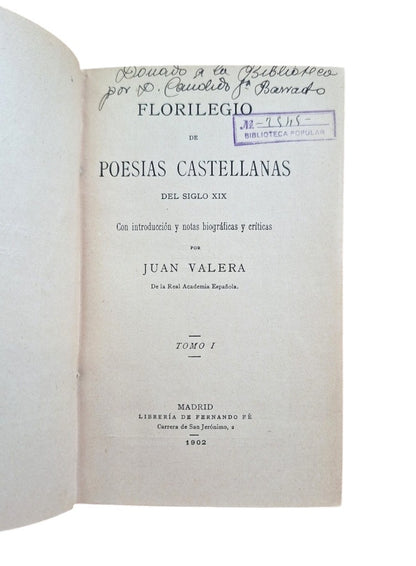 Valera, Juan.- FLORILEGIO DE POESÍAS CASTELLANAS (I-II-III-IV-V)