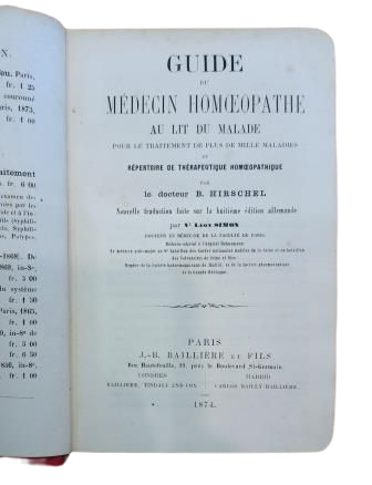 Hirschel, B.- GUIDE DU MÉDECIN HOMÉOPATHIQUE AU LIT SU MALADE