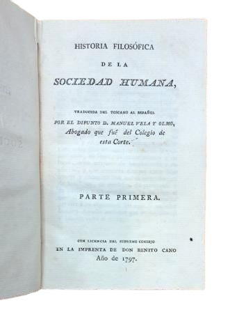 Vela y Olmo, Manuel (Traductor).- HISTORIA FILOSÓFICA DE LA SOCIEDAD HUMANA. PARTE PRIMERA