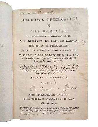 Lanuza, Gerónimo Bautista de.- DISCURSOS PREDICABLES Ó LAS HOMILIAS (5 TOMOS)